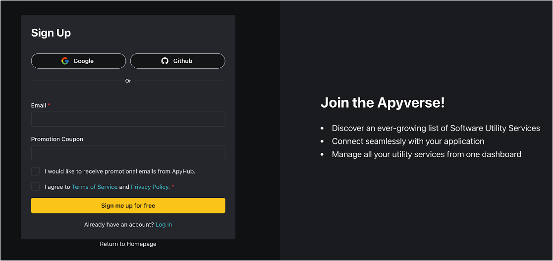 Apyhub Signup Page